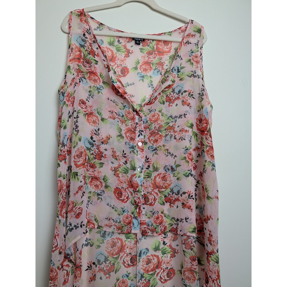 Torrid Womens Plus 0X Pink Floral Sheer Chiffon Hi-Low Sleeveless Tunic Blouse - Picture 2 of 9